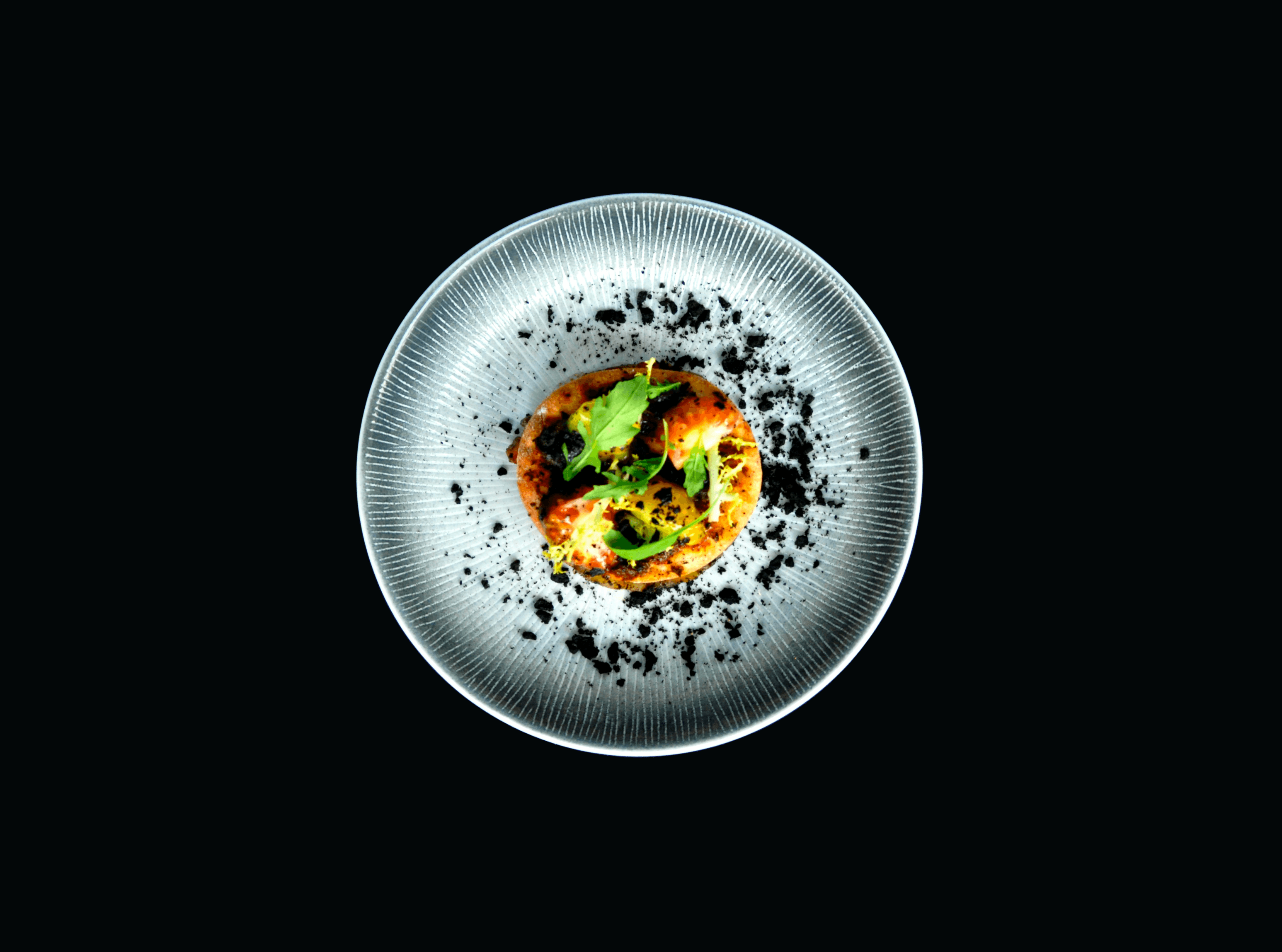 Plate of food on a black background